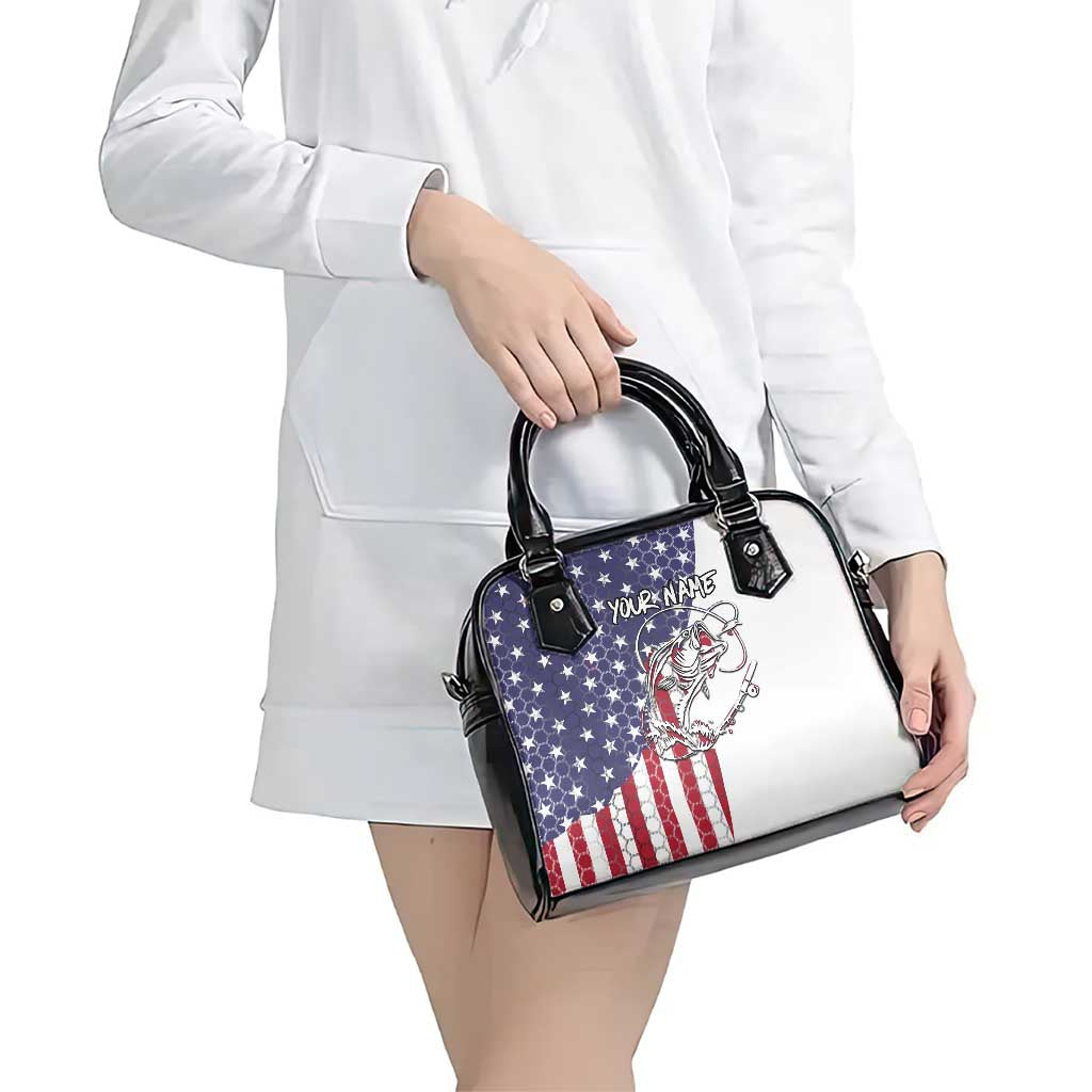 American Flag Bass Fishing Shoulder Handbag Fishing Rod and Patriotic Red White and Blue Theme TS04