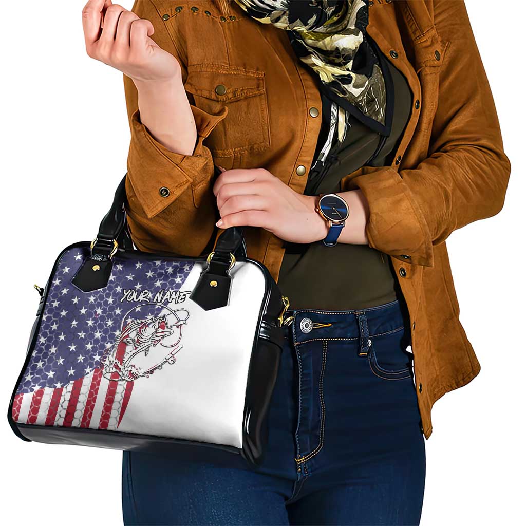 American Flag Bass Fishing Shoulder Handbag Fishing Rod and Patriotic Red White and Blue Theme TS04