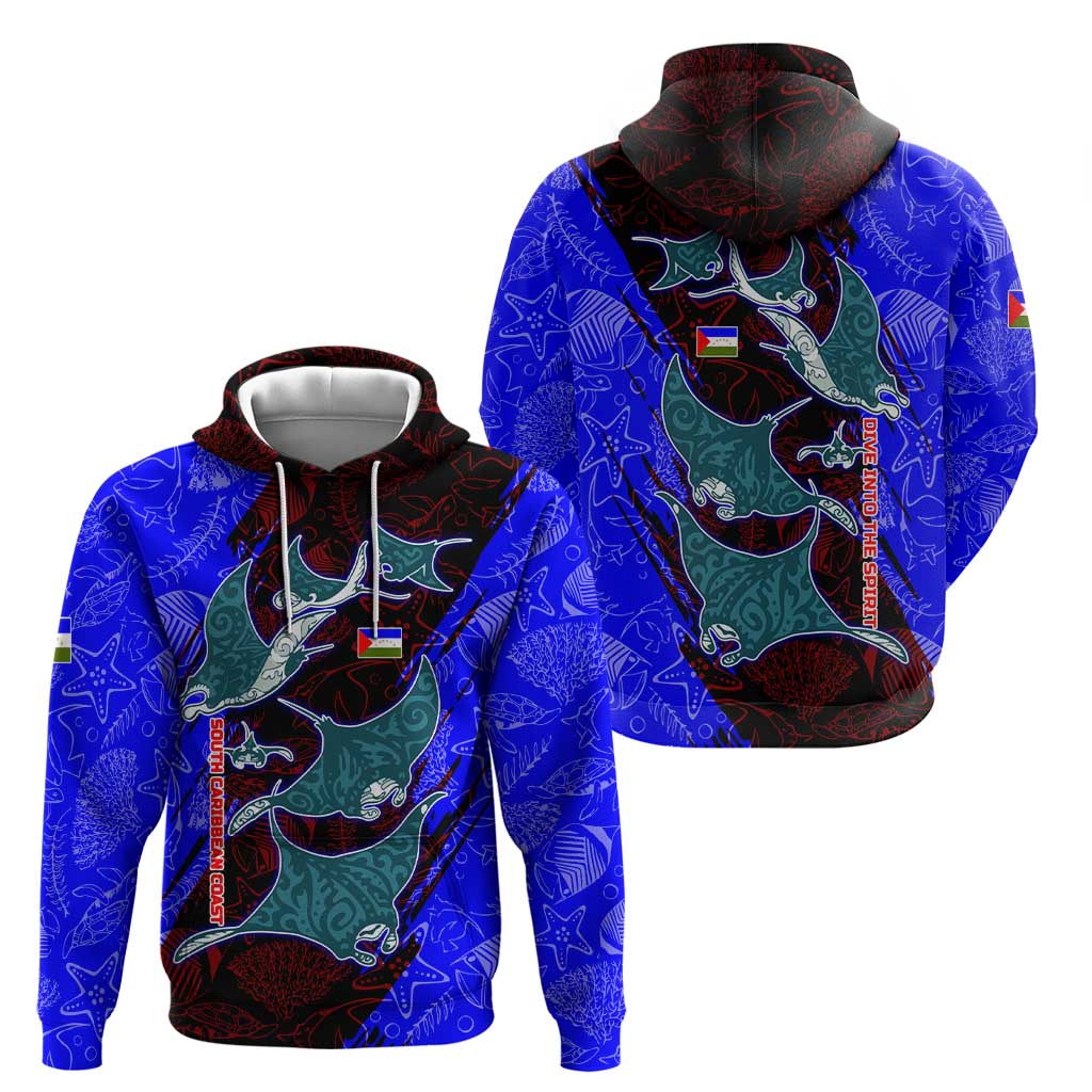 South Caribbean Coast Nicaragua Hoodie with Manta Ray Coral Reef and Dive into the Spirit Design TS04