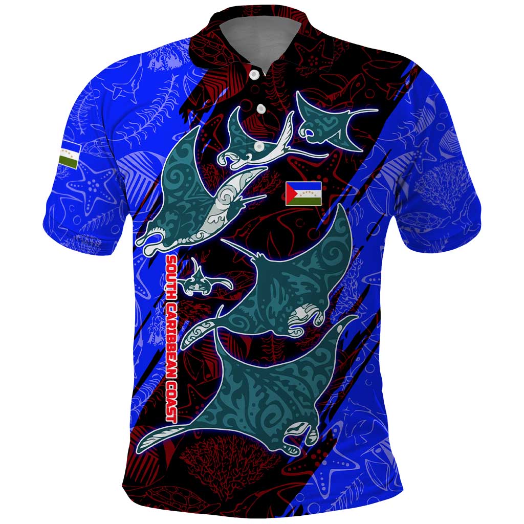 South Caribbean Coast Nicaragua Polo Shirt with Manta Ray Coral Reef and Dive into the Spirit Design TS04