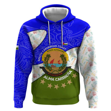Nicaragua South Caribbean Coast Hoodie with Regional Seal and Ocean Shell Pattern Alma Caribeña Design TS04