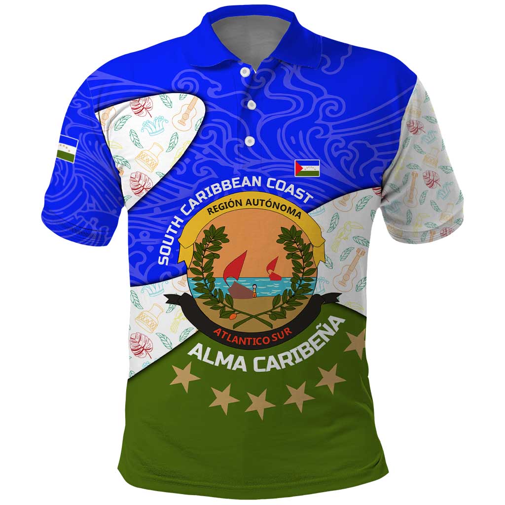 Nicaragua South Caribbean Coast Polo Shirt with Regional Seal and Ocean Shell Pattern Alma Caribeña Design TS04