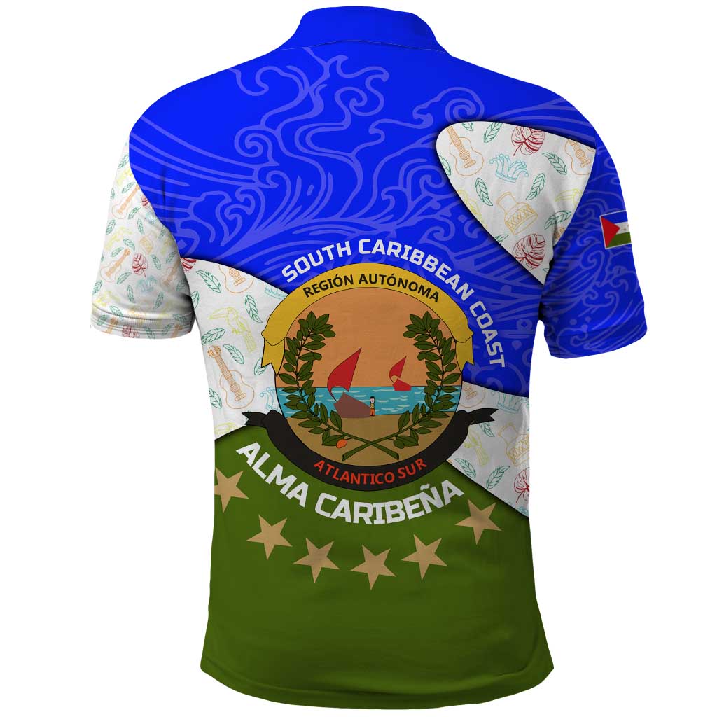 Nicaragua South Caribbean Coast Polo Shirt with Regional Seal and Ocean Shell Pattern Alma Caribeña Design TS04