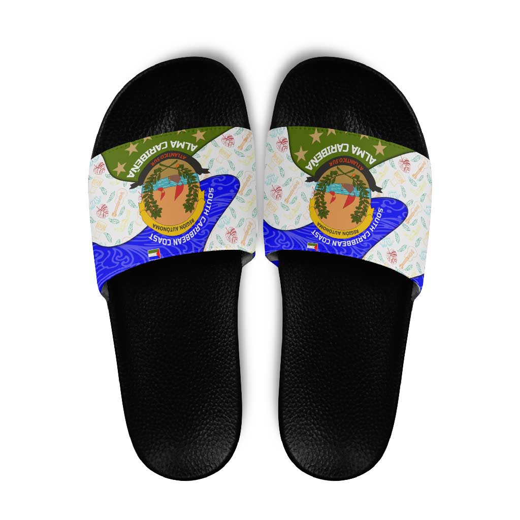 Nicaragua South Caribbean Coast Slide Sandals with Regional Seal and Ocean Shell Pattern Alma Caribeña Design TS04