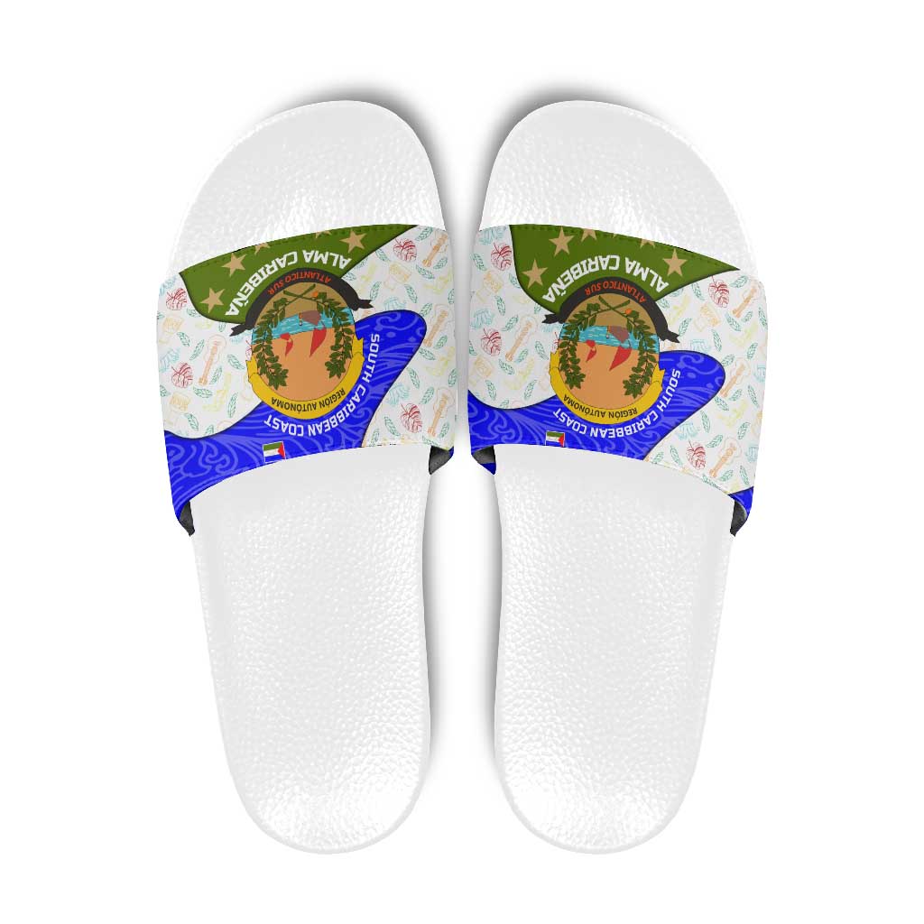 Nicaragua South Caribbean Coast Slide Sandals with Regional Seal and Ocean Shell Pattern Alma Caribeña Design TS04