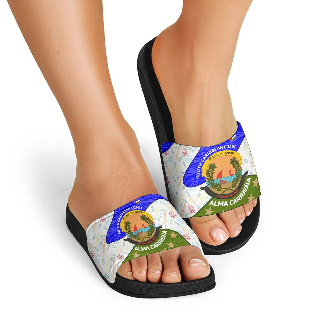 Nicaragua South Caribbean Coast Slide Sandals with Regional Seal and Ocean Shell Pattern Alma Caribeña Design TS04
