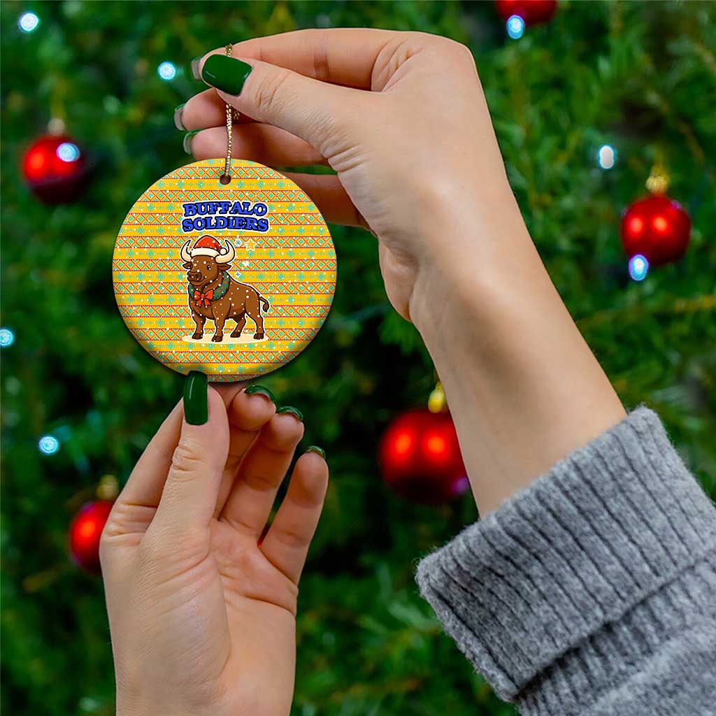 Buffalo Soldiers Christmas Ceramic Ornament with Yellow Cartoon Buffalo Santa Hat Design TS04