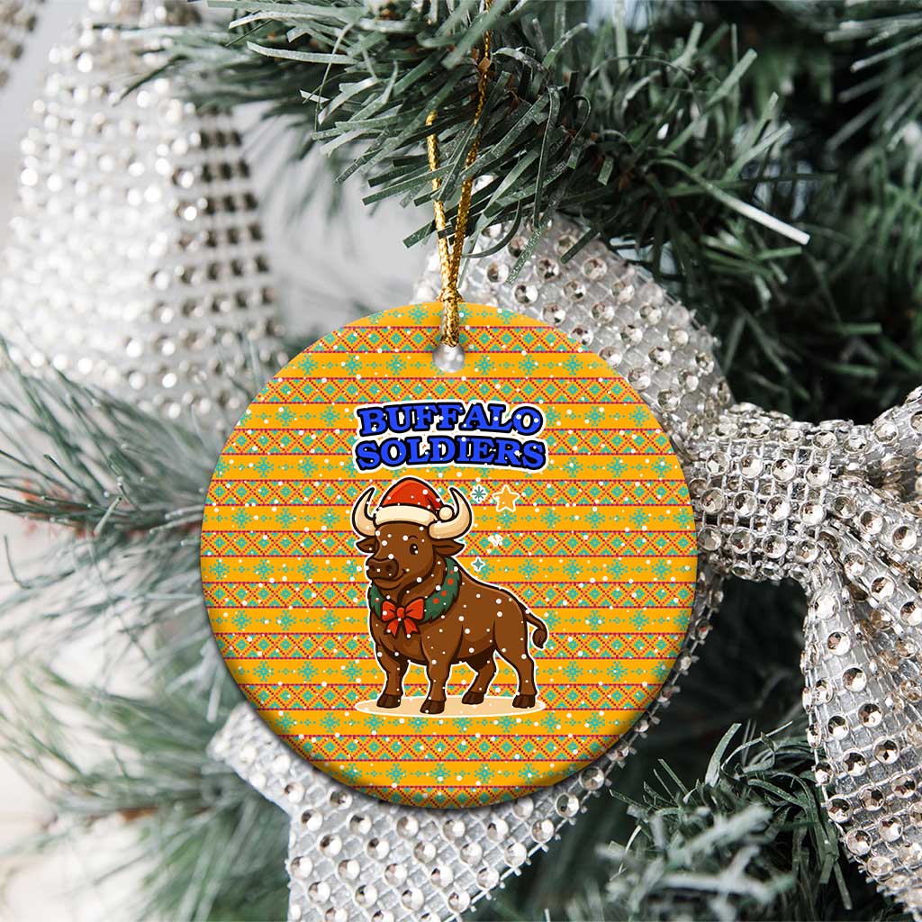 Buffalo Soldiers Christmas Ceramic Ornament with Yellow Cartoon Buffalo Santa Hat Design TS04