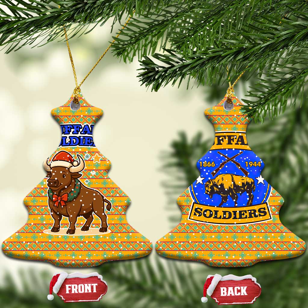 Buffalo Soldiers Christmas Ceramic Ornament with Yellow Cartoon Buffalo Santa Hat Design TS04