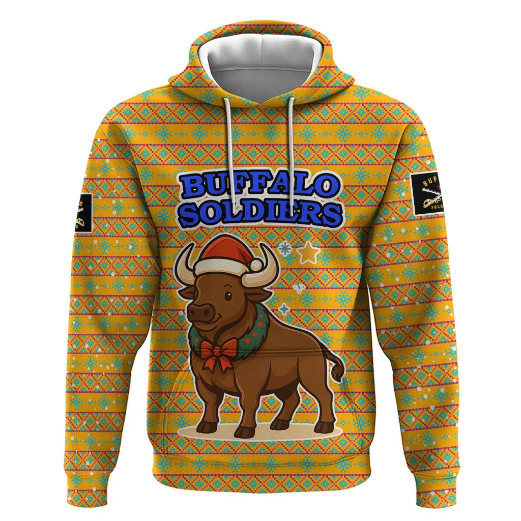 Buffalo Soldiers Christmas Hoodie with Yellow Cartoon Buffalo Santa Hat Design TS04