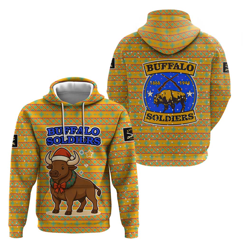 Buffalo Soldiers Christmas Hoodie with Yellow Cartoon Buffalo Santa Hat Design TS04