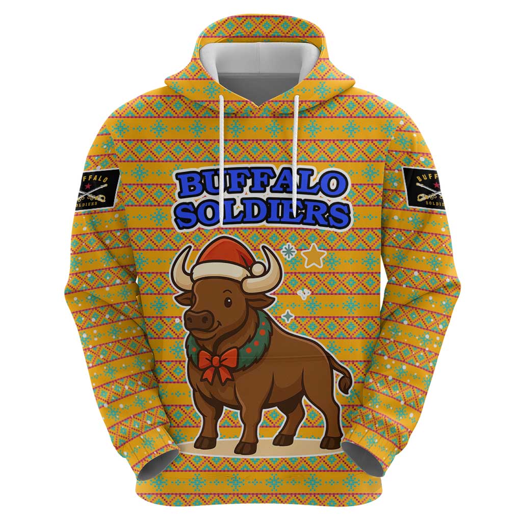 Buffalo Soldiers Christmas Hoodie with Yellow Cartoon Buffalo Santa Hat Design TS04