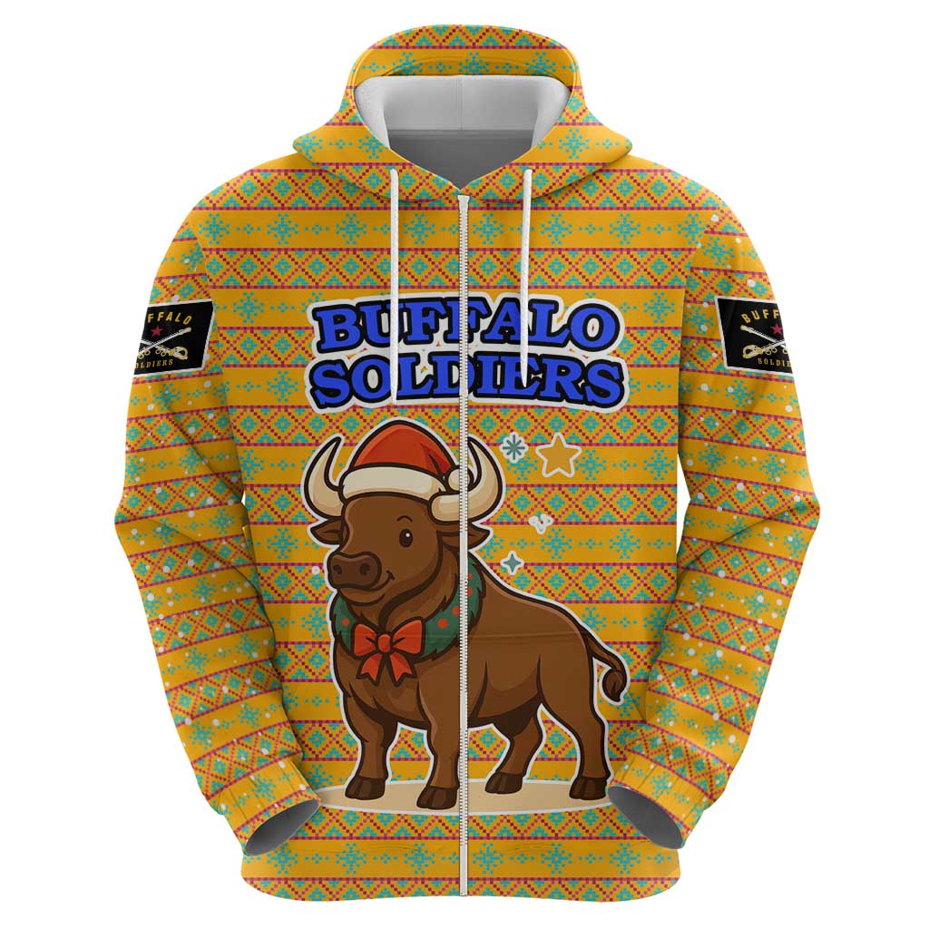 Buffalo Soldiers Christmas Hoodie with Yellow Cartoon Buffalo Santa Hat Design TS04