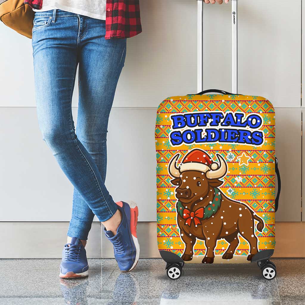 Buffalo Soldiers Christmas Luggage Cover with Yellow Cartoon Buffalo Santa Hat Design TS04