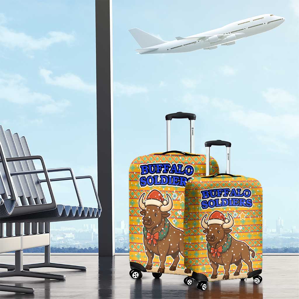 Buffalo Soldiers Christmas Luggage Cover with Yellow Cartoon Buffalo Santa Hat Design TS04