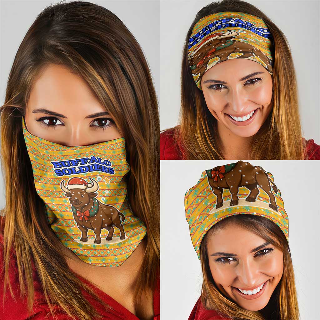 Buffalo Soldiers Christmas Neck Gaiter with Yellow Cartoon Buffalo Santa Hat Design TS04