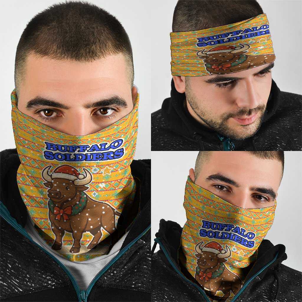 Buffalo Soldiers Christmas Neck Gaiter with Yellow Cartoon Buffalo Santa Hat Design TS04