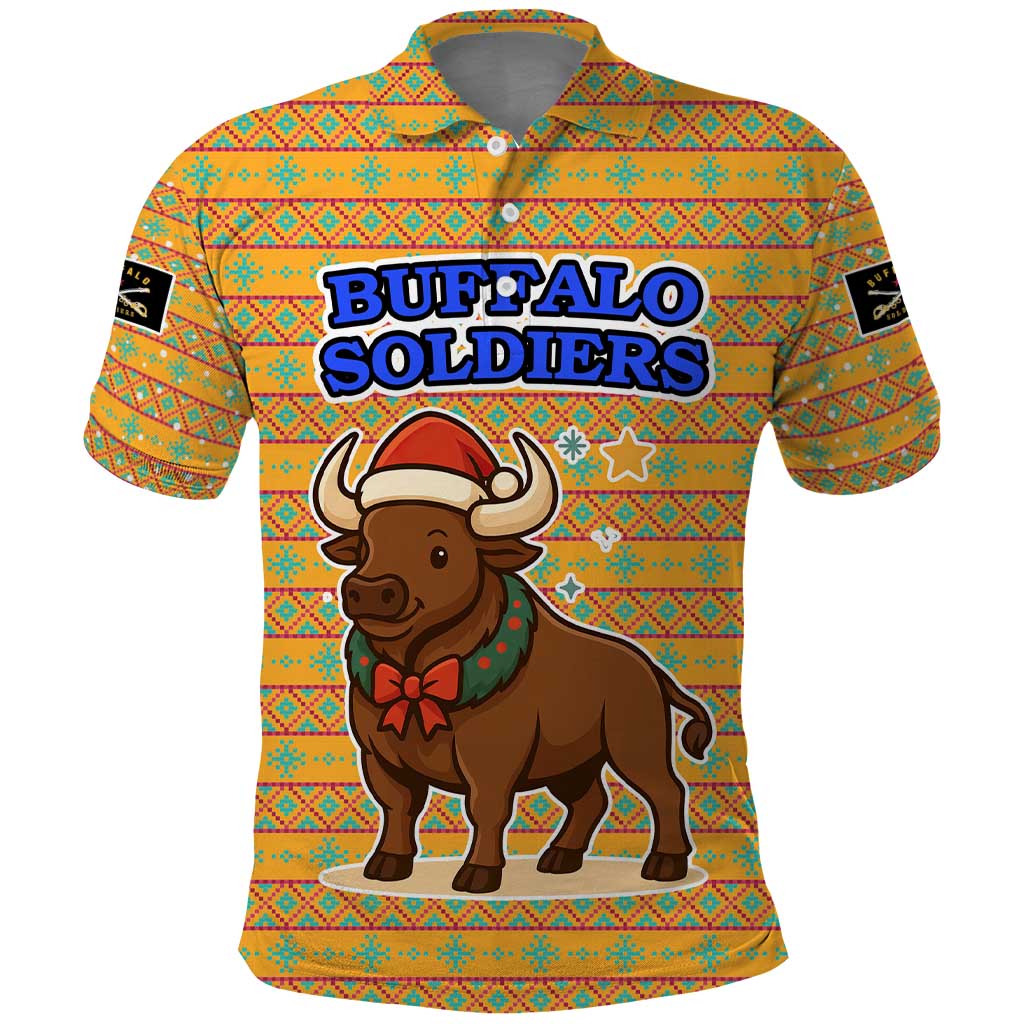 Buffalo Soldiers Christmas Polo Shirt with Yellow Cartoon Buffalo Santa Hat Design TS04