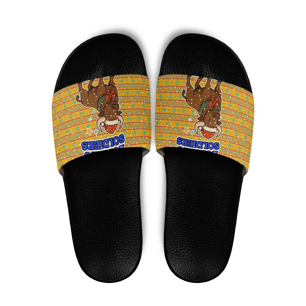 Buffalo Soldiers Christmas Slide Sandals with Yellow Cartoon Buffalo Santa Hat Design TS04