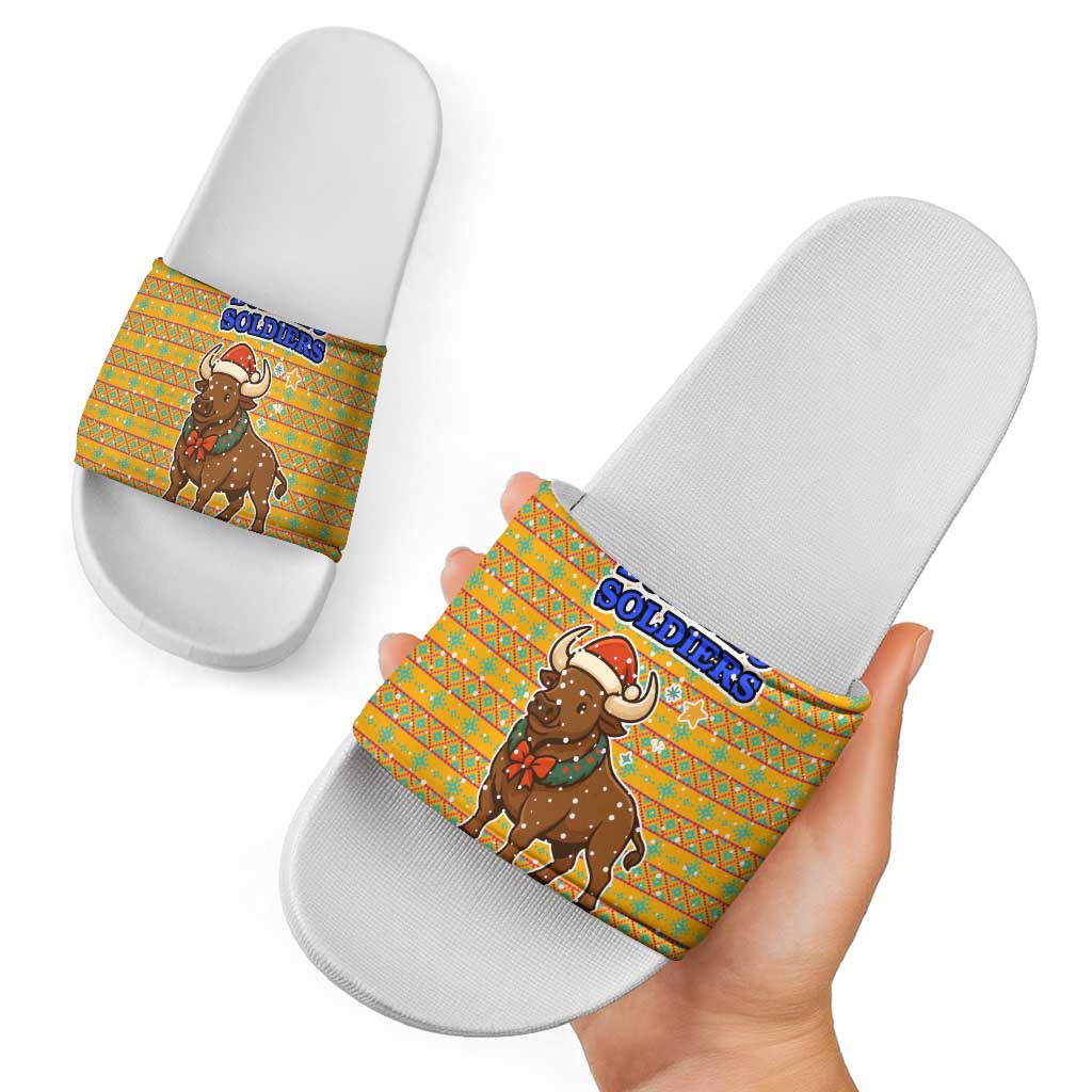 Buffalo Soldiers Christmas Slide Sandals with Yellow Cartoon Buffalo Santa Hat Design TS04