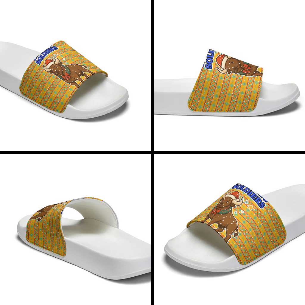 Buffalo Soldiers Christmas Slide Sandals with Yellow Cartoon Buffalo Santa Hat Design TS04