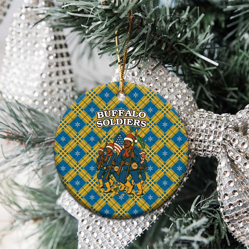 Buffalo Soldiers Christmas Ceramic Ornament with Blue Yellow Plaid Parade Illustration Design TS04