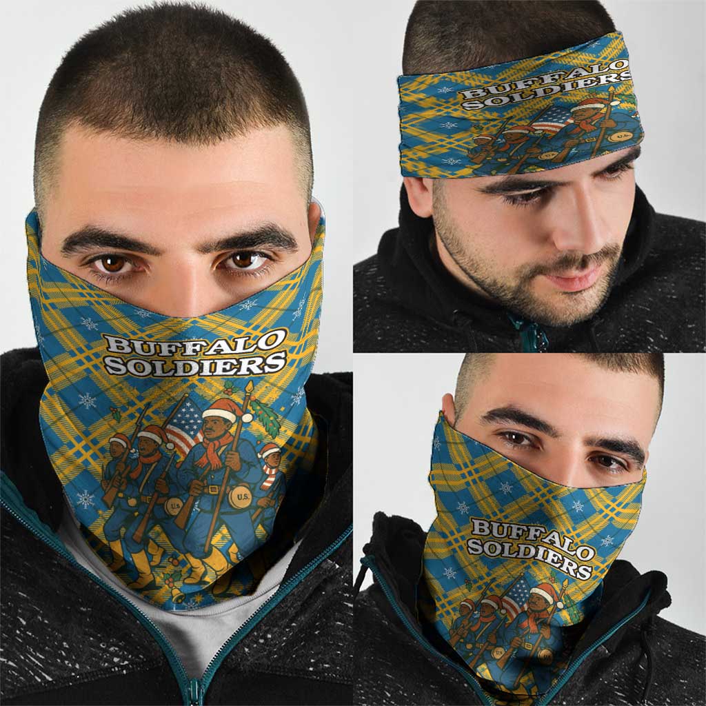 Buffalo Soldiers Christmas Neck Gaiter with Blue Yellow Plaid Parade Illustration Design TS04