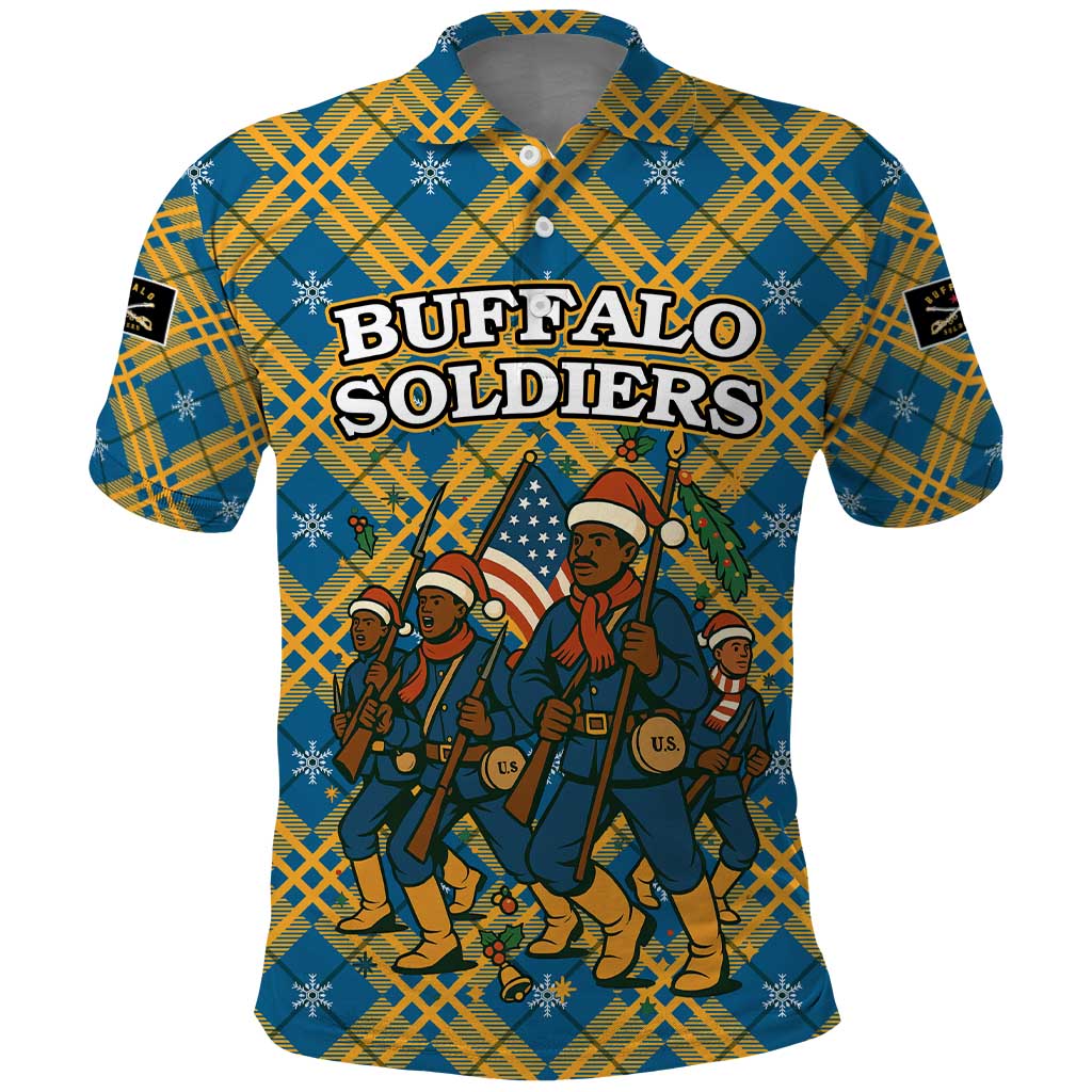 Buffalo Soldiers Christmas Polo Shirt with Blue Yellow Plaid Parade Illustration Design TS04