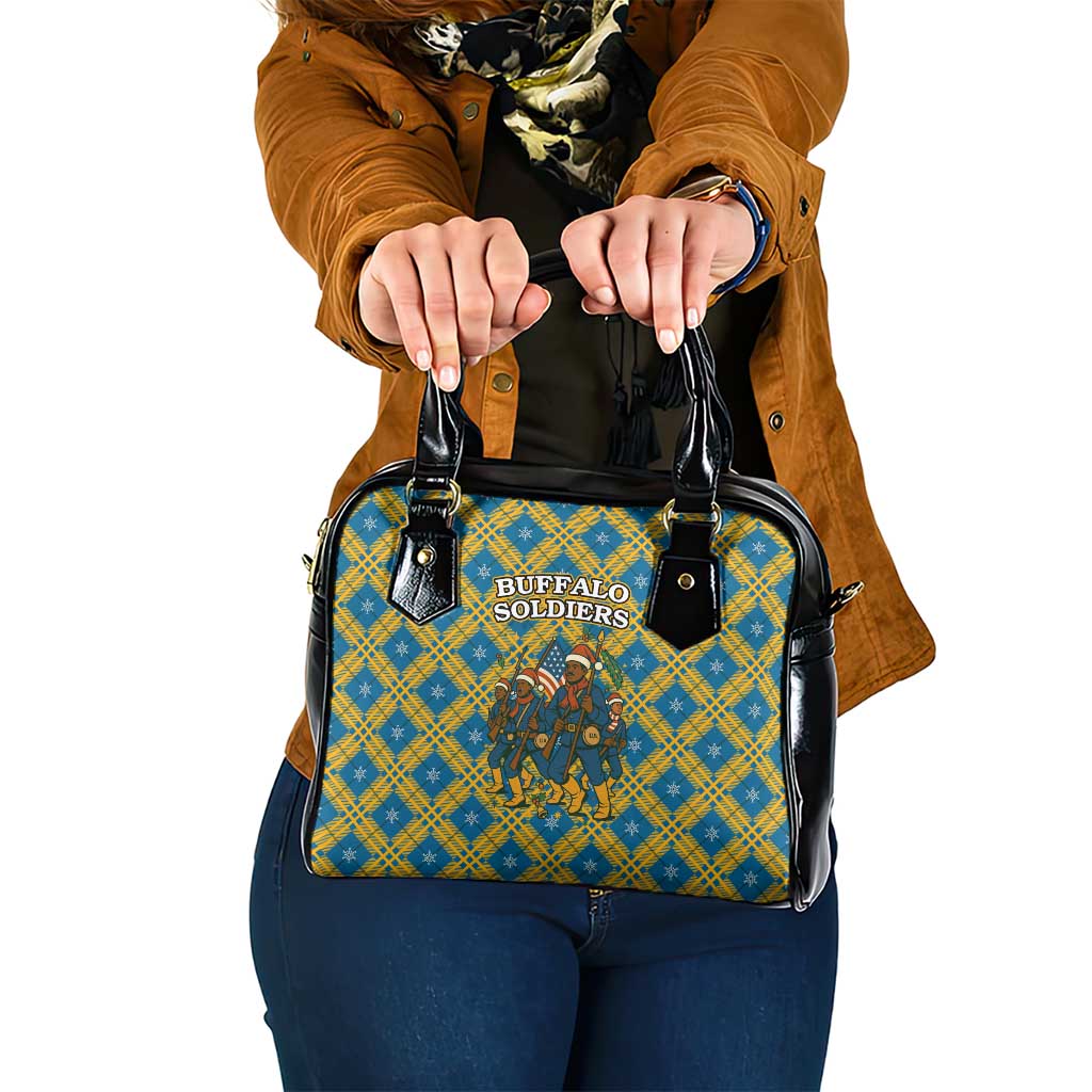 Buffalo Soldiers Christmas Shoulder Handbag with Blue Yellow Plaid Parade Illustration Design TS04