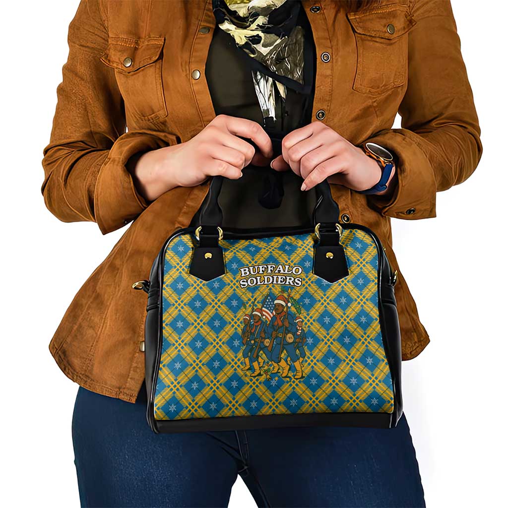 Buffalo Soldiers Christmas Shoulder Handbag with Blue Yellow Plaid Parade Illustration Design TS04