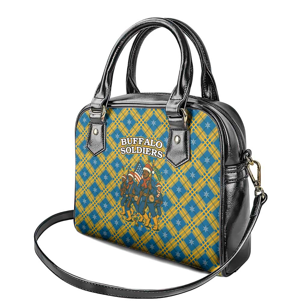Buffalo Soldiers Christmas Shoulder Handbag with Blue Yellow Plaid Parade Illustration Design TS04