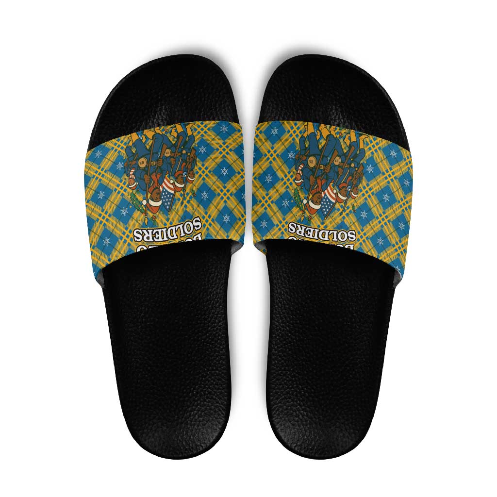 Buffalo Soldiers Christmas Slide Sandals with Blue Yellow Plaid Parade Illustration Design TS04