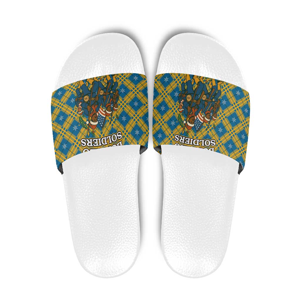 Buffalo Soldiers Christmas Slide Sandals with Blue Yellow Plaid Parade Illustration Design TS04