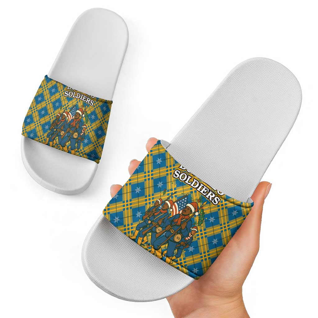 Buffalo Soldiers Christmas Slide Sandals with Blue Yellow Plaid Parade Illustration Design TS04