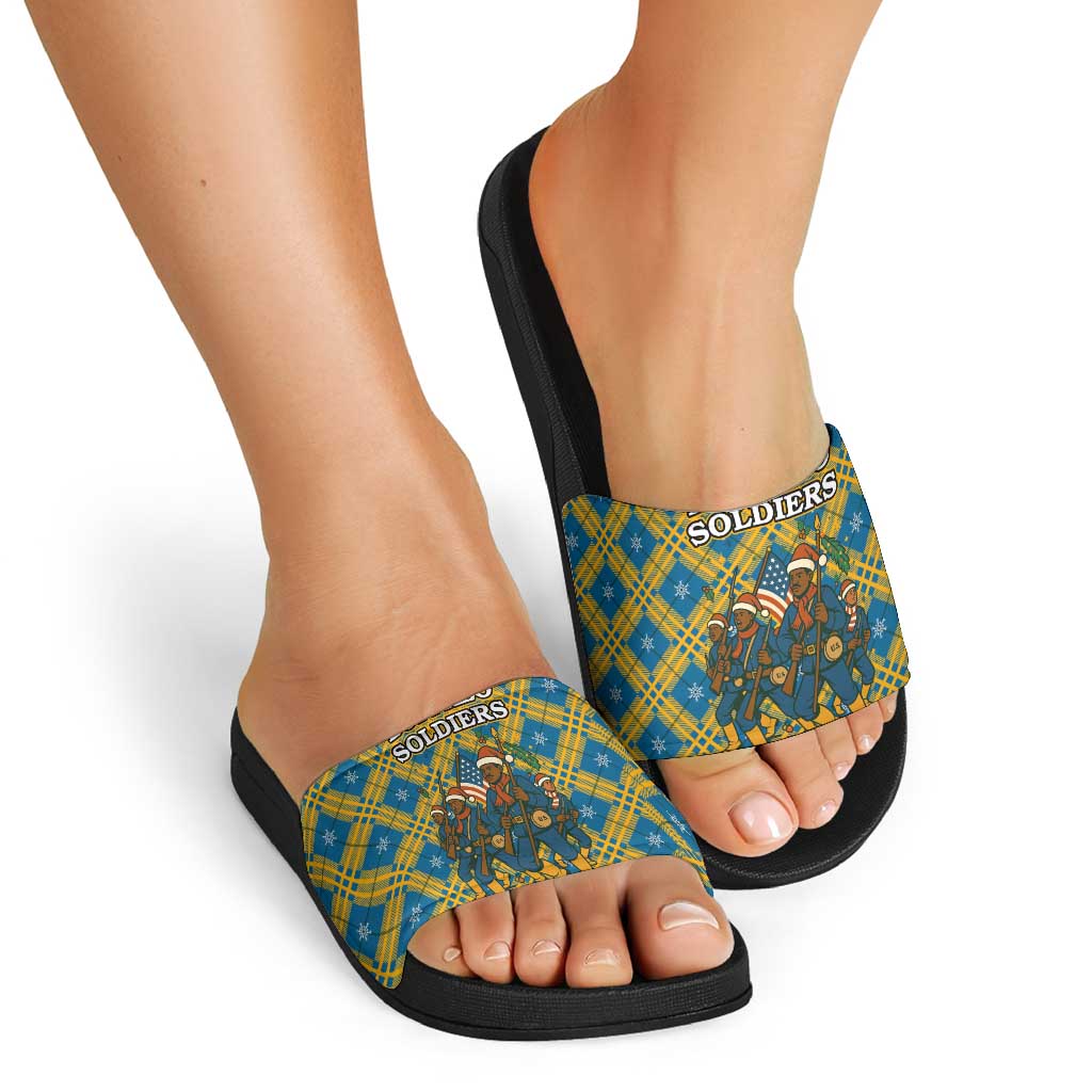Buffalo Soldiers Christmas Slide Sandals with Blue Yellow Plaid Parade Illustration Design TS04