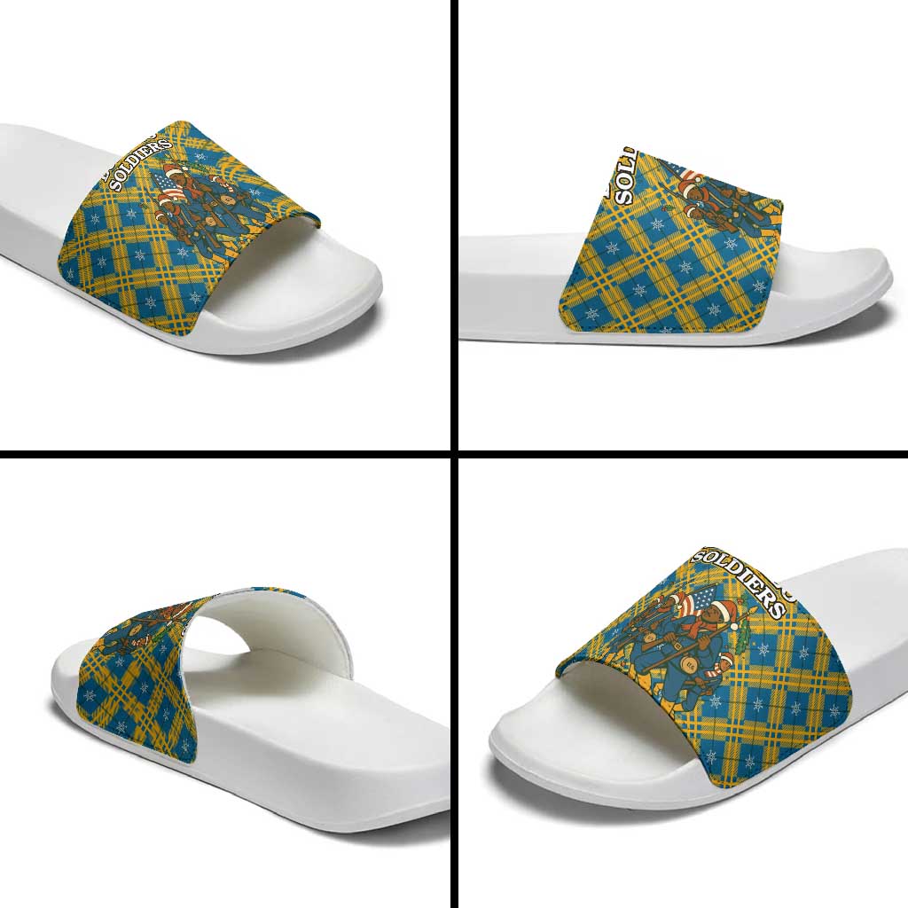 Buffalo Soldiers Christmas Slide Sandals with Blue Yellow Plaid Parade Illustration Design TS04