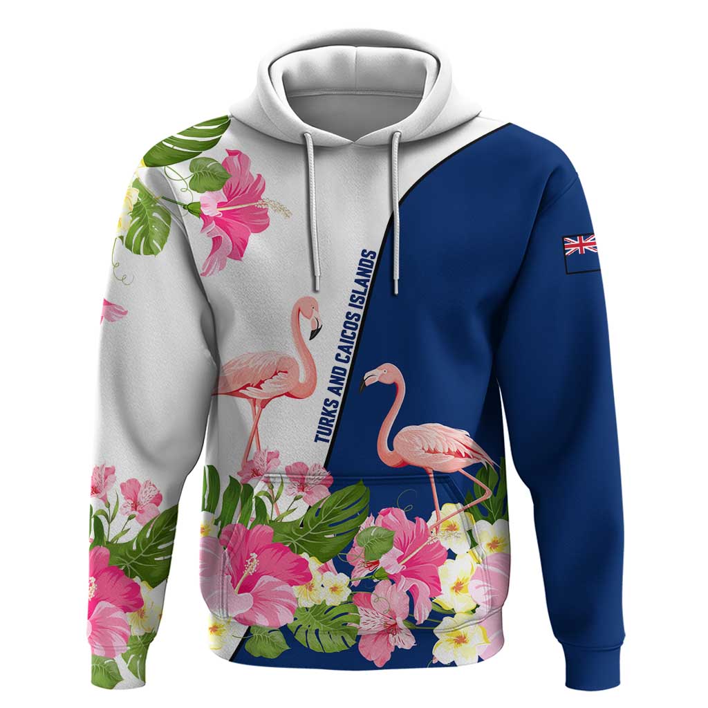 Turks and Caicos Islands Hoodie with Flamingos Floral Pattern and National Crest Design TS04