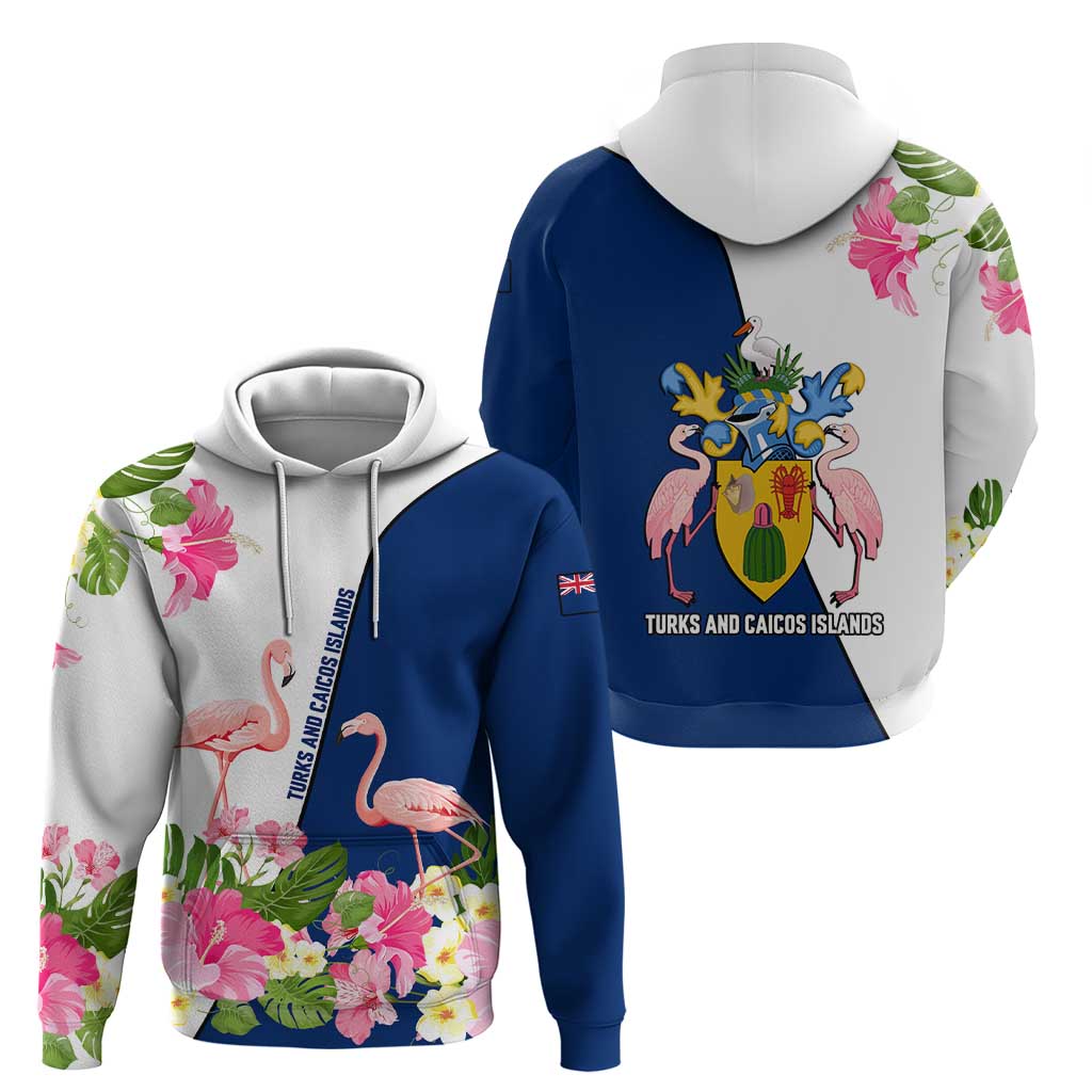 Turks and Caicos Islands Hoodie with Flamingos Floral Pattern and National Crest Design TS04