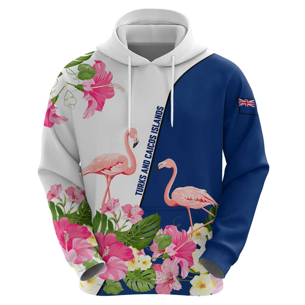 Turks and Caicos Islands Hoodie with Flamingos Floral Pattern and National Crest Design TS04