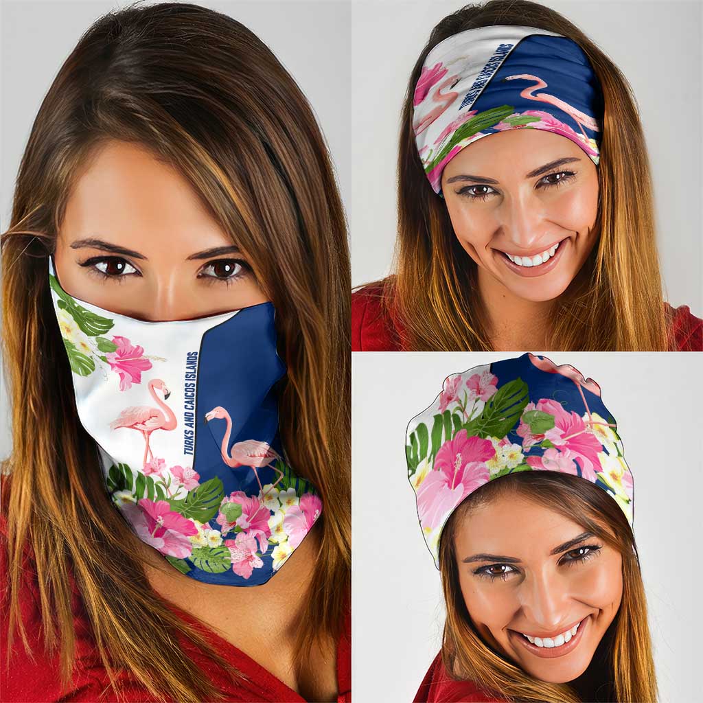 Turks and Caicos Islands Neck Gaiter with Flamingos Floral Pattern and National Crest Design TS04