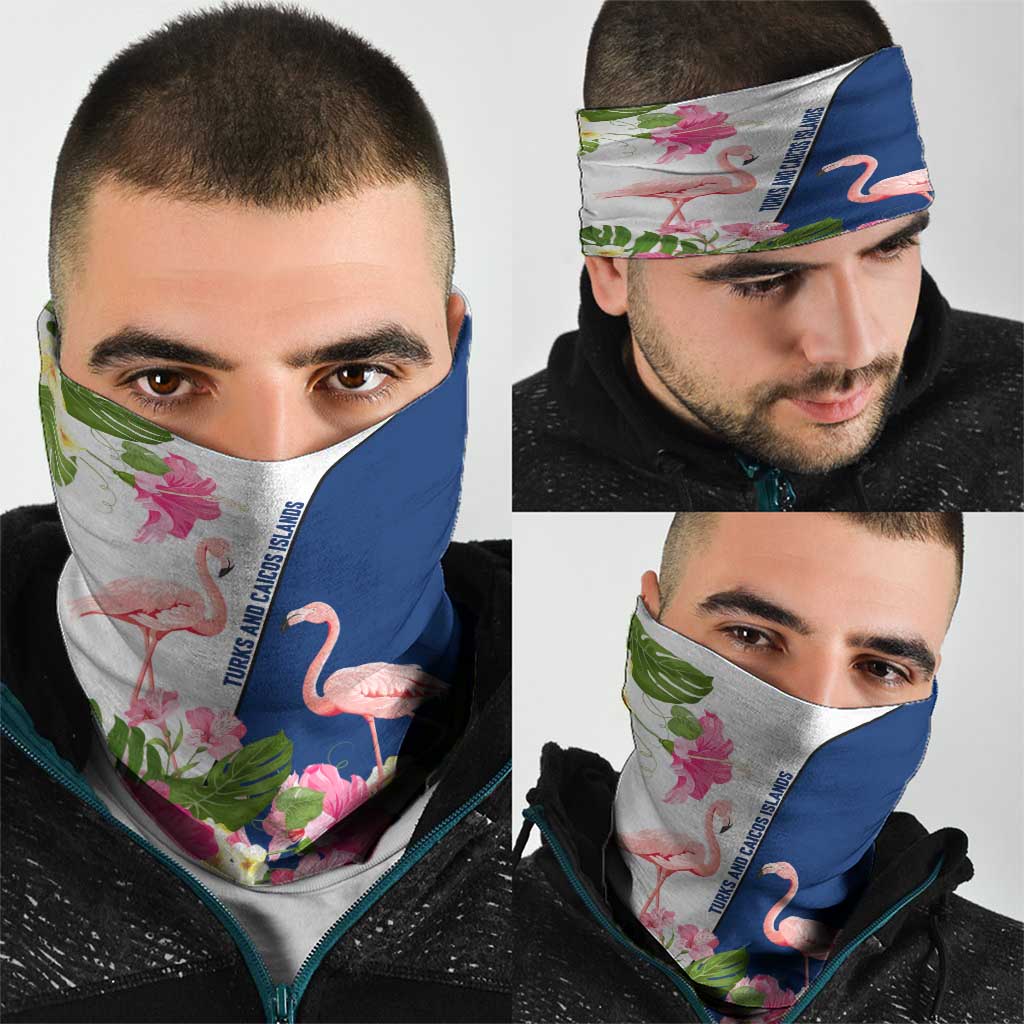 Turks and Caicos Islands Neck Gaiter with Flamingos Floral Pattern and National Crest Design TS04