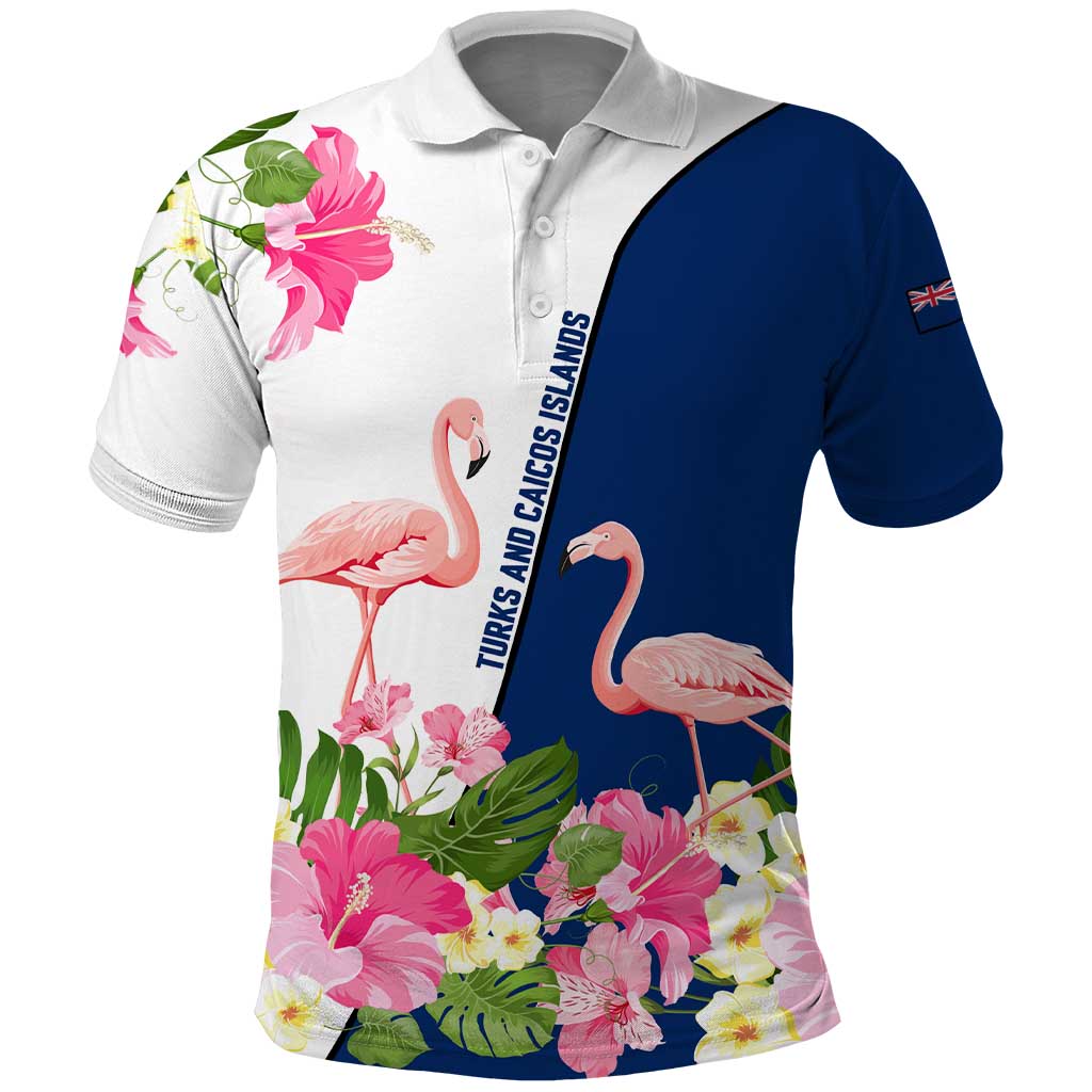 Turks and Caicos Islands Polo Shirt with Flamingos Floral Pattern and National Crest Design TS04