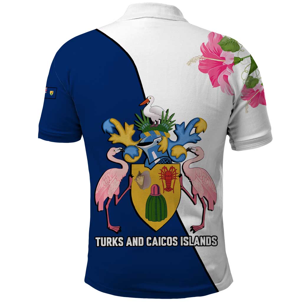 Turks and Caicos Islands Polo Shirt with Flamingos Floral Pattern and National Crest Design TS04