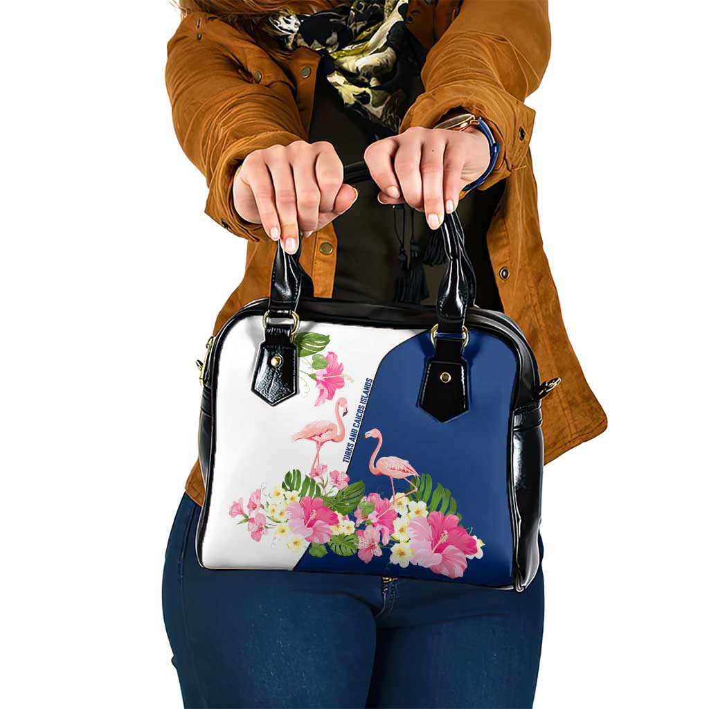 Turks and Caicos Islands Shoulder Handbag with Flamingos Floral Pattern and National Crest Design TS04