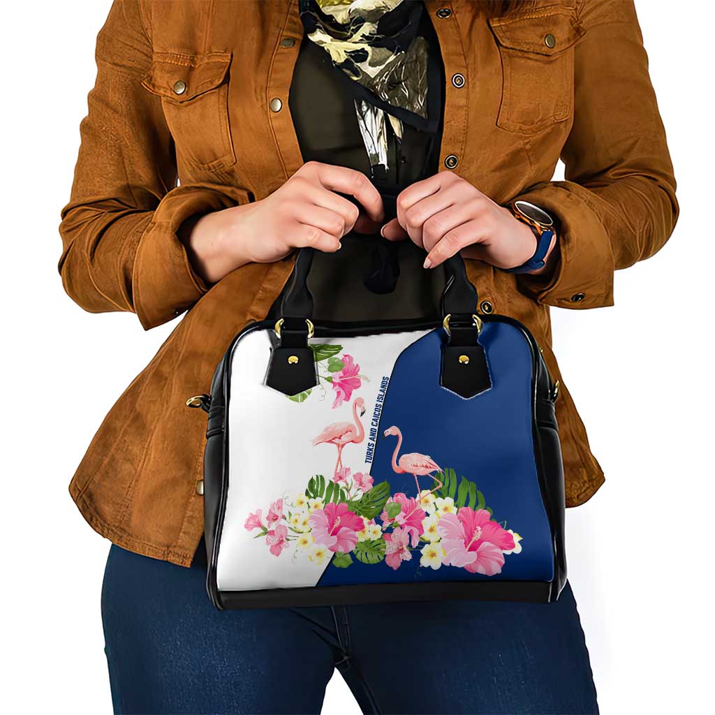 Turks and Caicos Islands Shoulder Handbag with Flamingos Floral Pattern and National Crest Design TS04