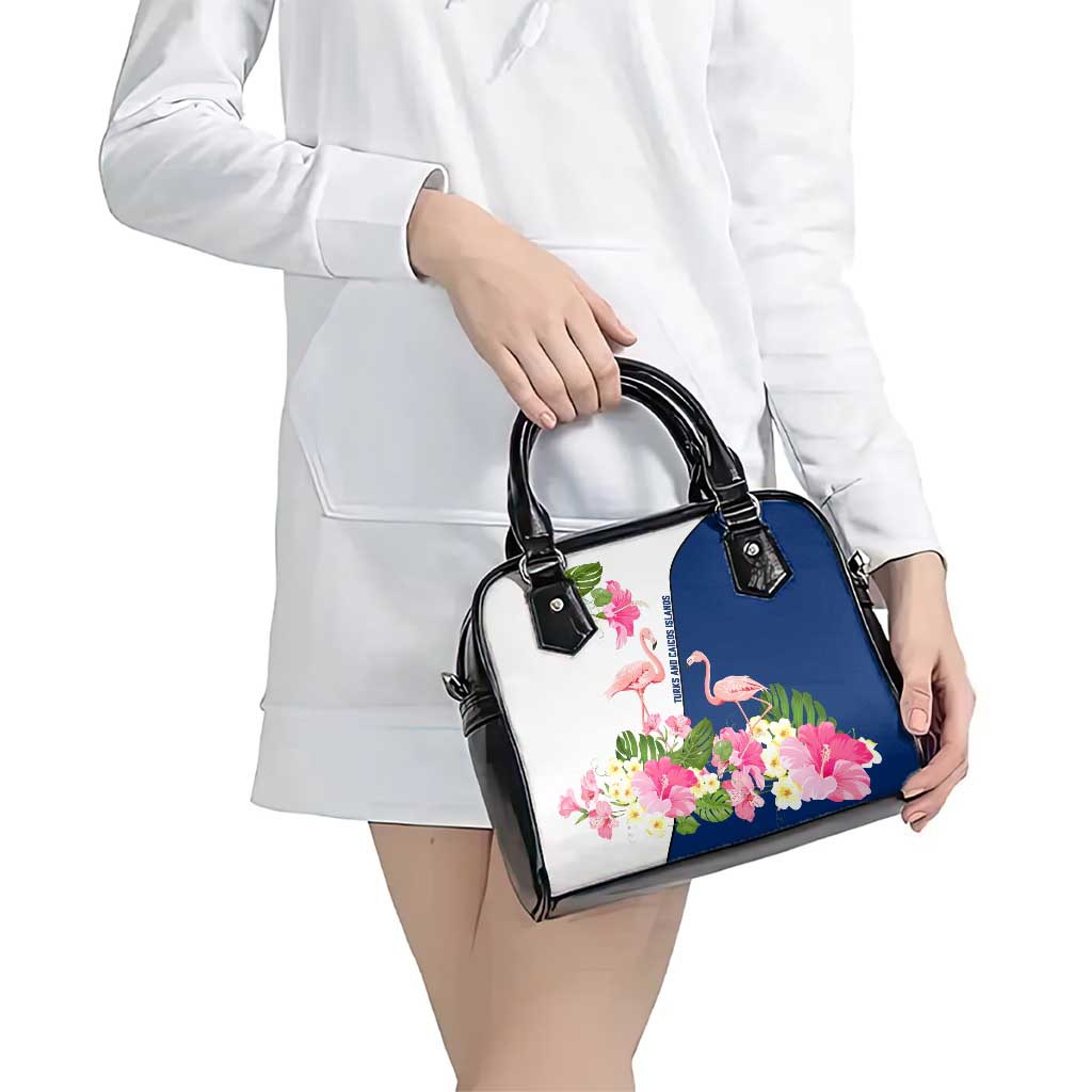 Turks and Caicos Islands Shoulder Handbag with Flamingos Floral Pattern and National Crest Design TS04