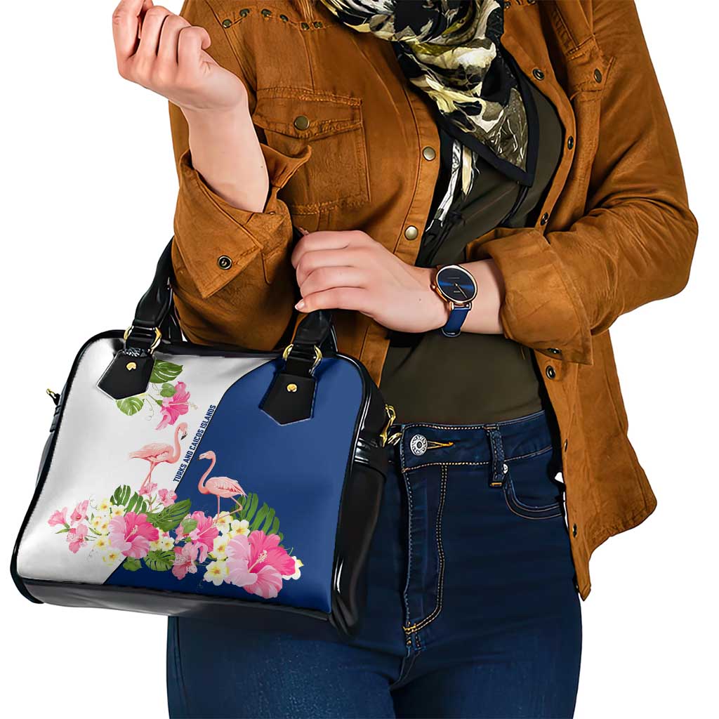 Turks and Caicos Islands Shoulder Handbag with Flamingos Floral Pattern and National Crest Design TS04