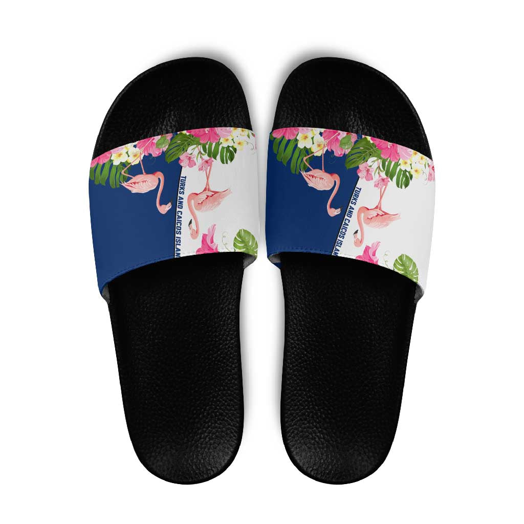 Turks and Caicos Islands Slide Sandals with Flamingos Floral Pattern and National Crest Design TS04