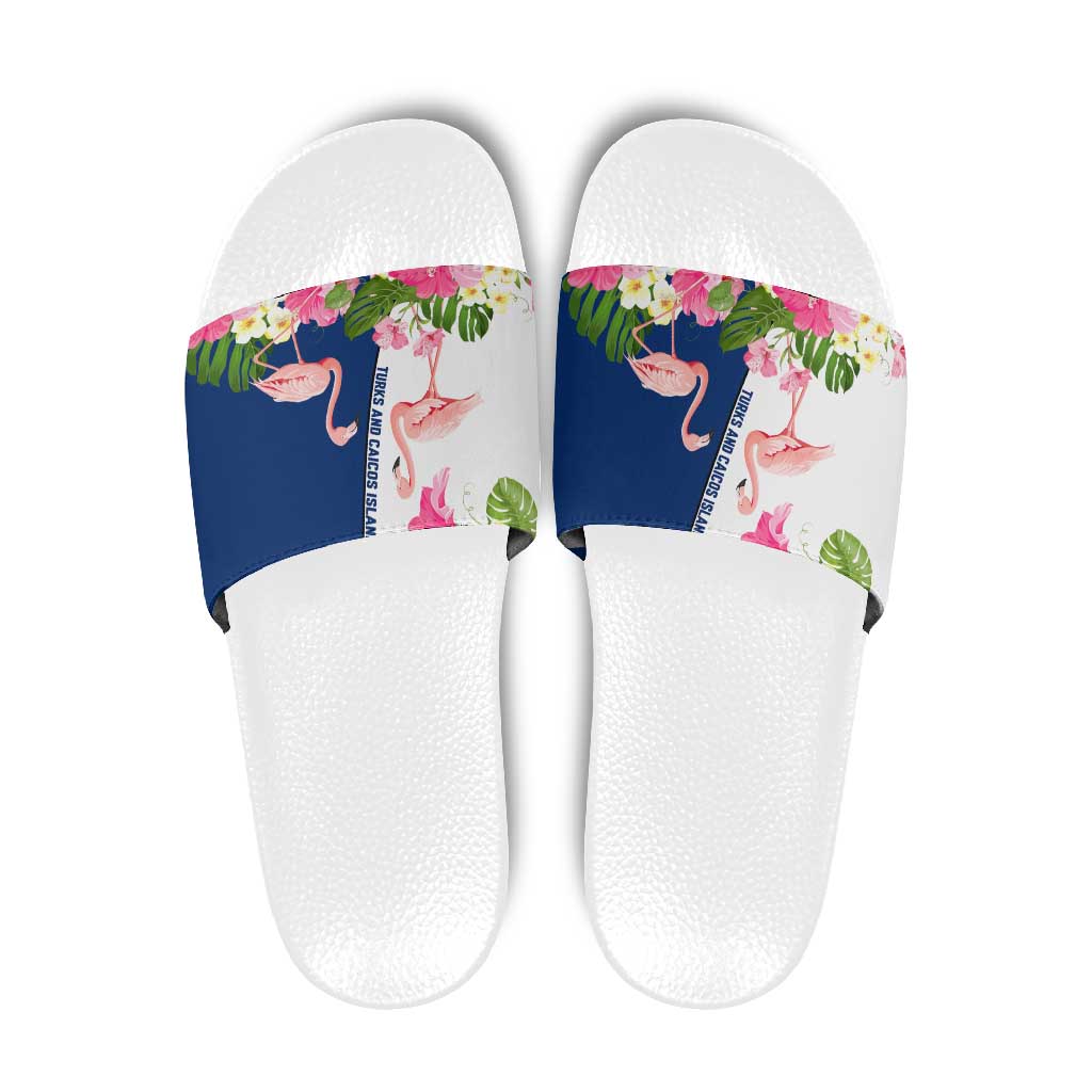 Turks and Caicos Islands Slide Sandals with Flamingos Floral Pattern and National Crest Design TS04