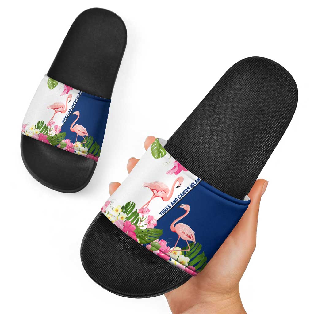 Turks and Caicos Islands Slide Sandals with Flamingos Floral Pattern and National Crest Design TS04